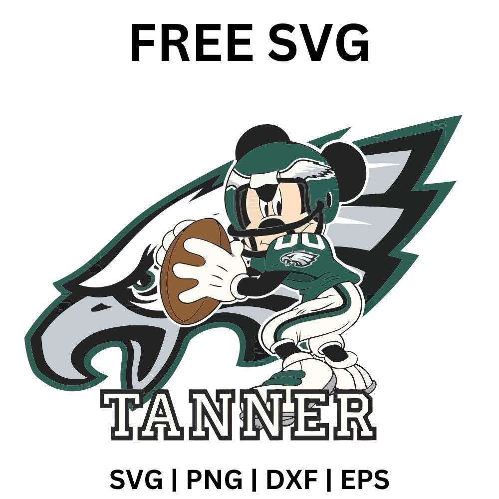 Cartoon mouse in a green jersey holding a football in front of a large green eagle head above the name Tanner, free personalized football mouse SVG cut file preview.