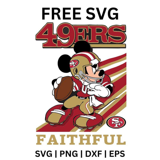 Cartoon mouse in a red jersey running with a football over red and gold speed stripes above faithful lettering, free running football mouse SVG cut file preview.