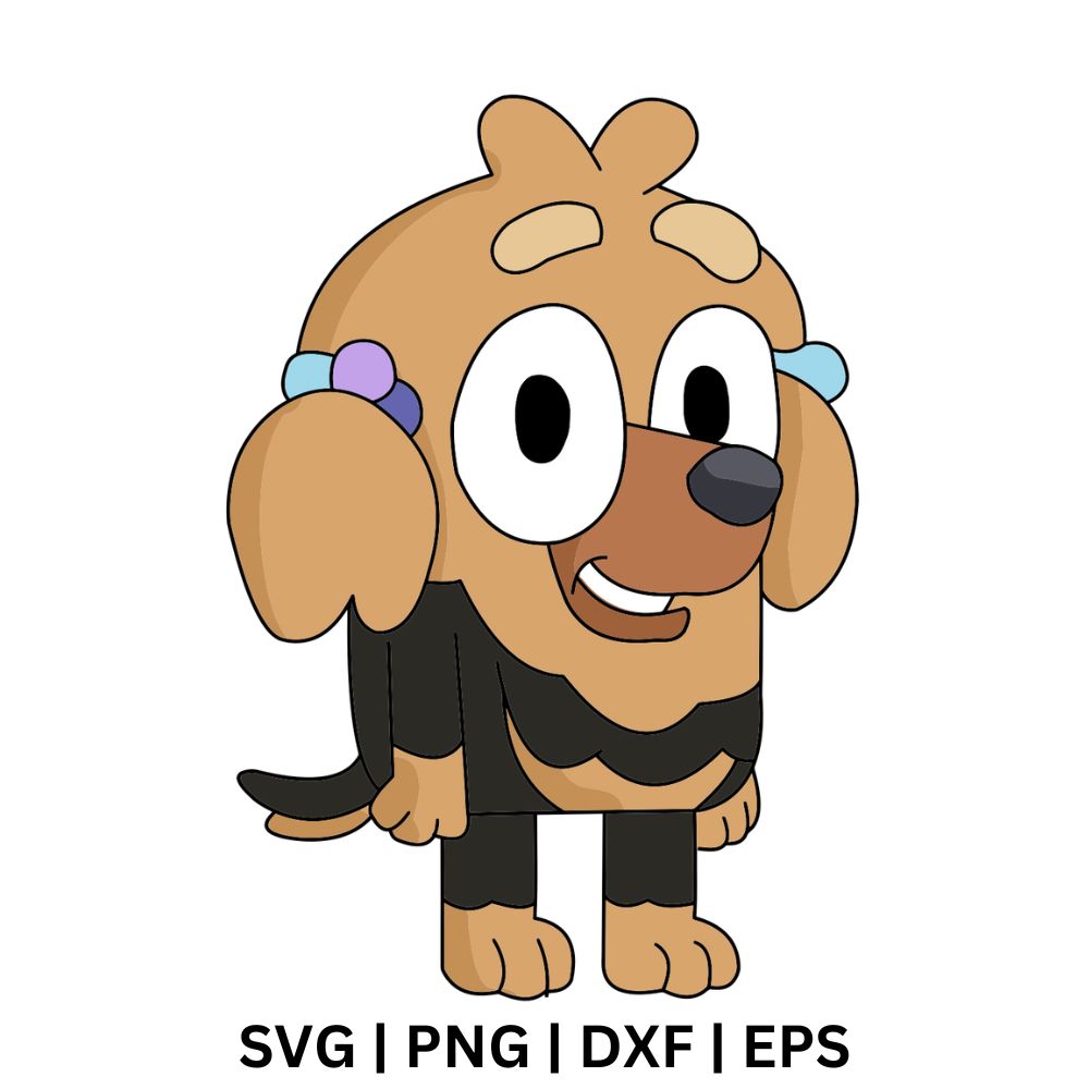 Cartoon puppy with tan fur, floppy ears, black markings, big eyes and blue hair ties, free cartoon puppy SVG cut file preview.