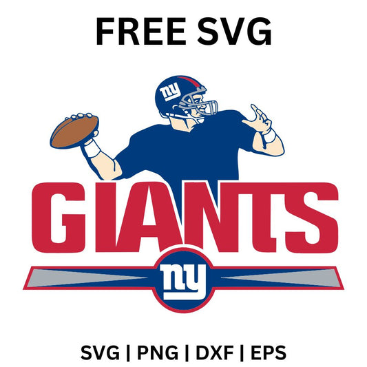 Cartoon quarterback in a blue helmet and jersey winding up a throw above a red outlined team wordmark and blue monogram badge, free football player SVG cut file preview.