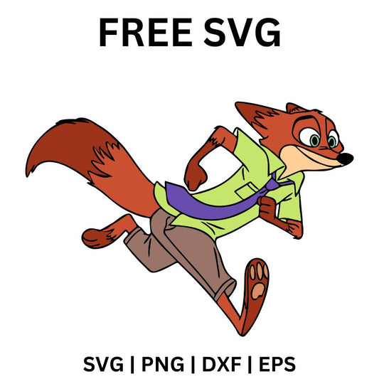 Energetic cartoon red fox in a green shirt, striped tie and khaki pants leaping forward mid run, free cartoon fox SVG cut file preview.
