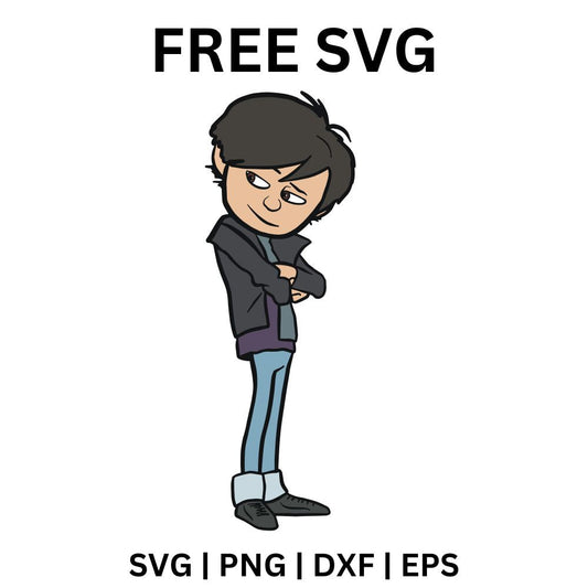 Cartoon teen girl with dark bob hair and glasses in a dark jacket and jeans standing with arms crossed, free cartoon girl SVG cut file preview.