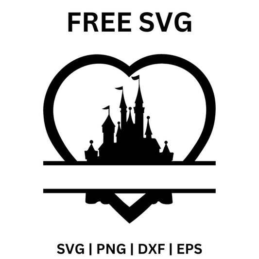 Black fairytale castle silhouette inside a thick heart outline with a split name band across the bottom, free castle monogram SVG cut file preview.