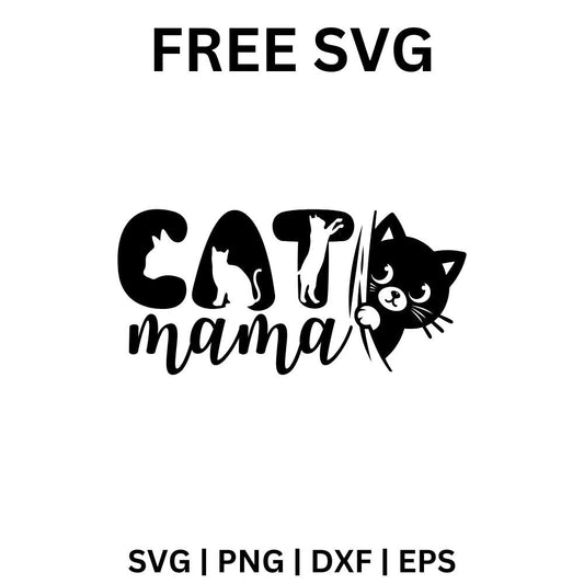 Black CAT letters with cat shapes cut into them over mama script and a black kitten peeking from behind a line, free cat mama SVG cut file preview.