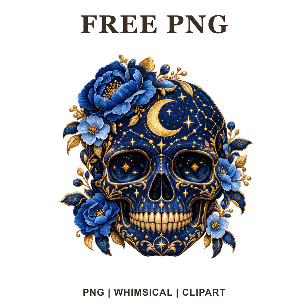 Celestial skull clipart in navy and gold with blue flowers, a crescent moon and stars, free night sky skull PNG