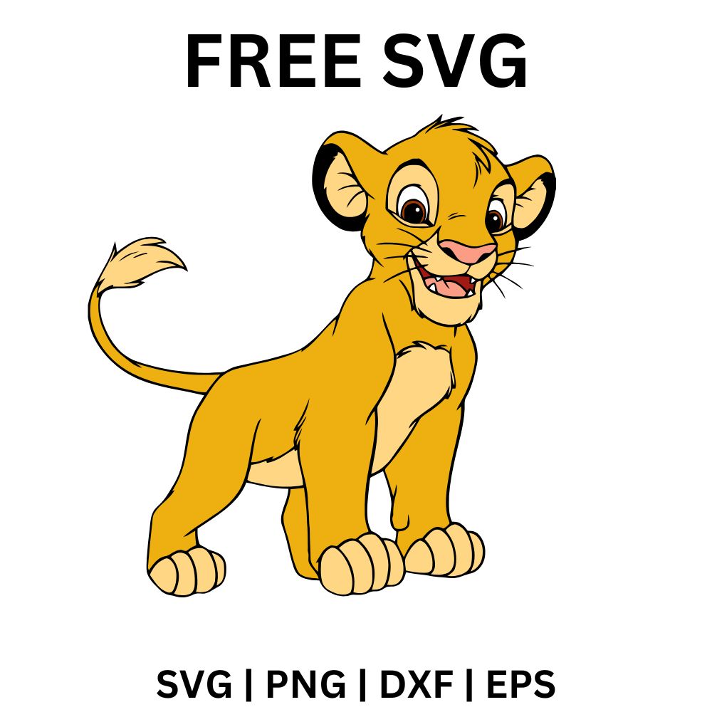 Cheerful golden lion cub standing proudly with a big open smile and its tufted tail raised, free lion cub SVG cut file preview.