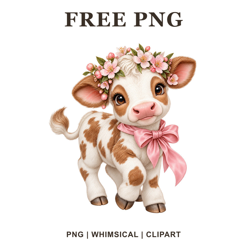 Cow with cherry blossom details, whimsical floral cow PNG clipart.