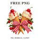 Retro ice cream cones with whipped cream, cherries and daisies tied with a red gingham bow, free PNG
