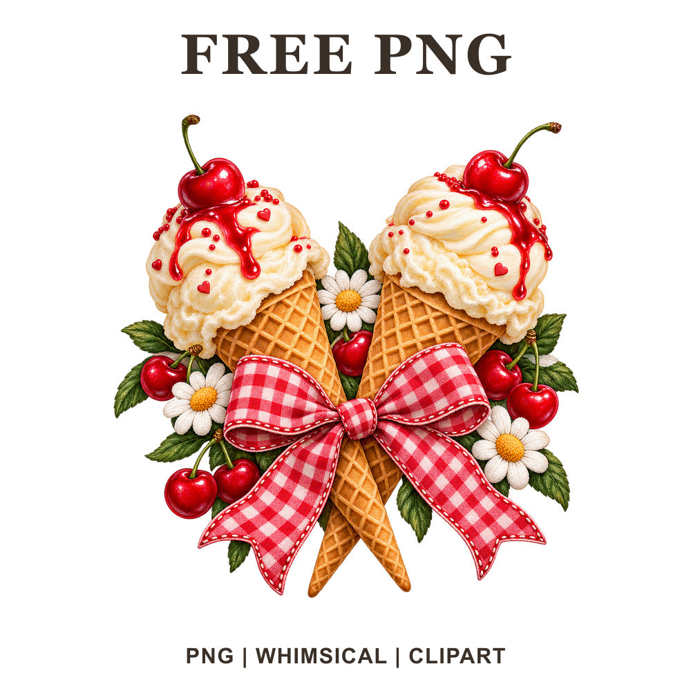 Retro ice cream cones with whipped cream, cherries and daisies tied with a red gingham bow, free PNG