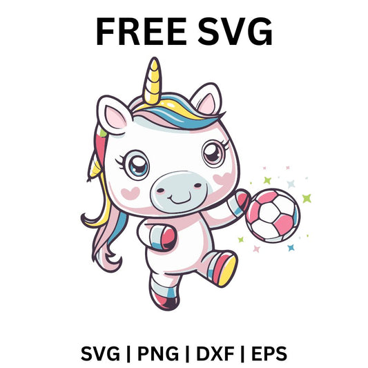 Chibi white unicorn with a pastel rainbow mane and gold horn kicking a pink and white soccer ball, free sporty unicorn SVG cut file preview.
