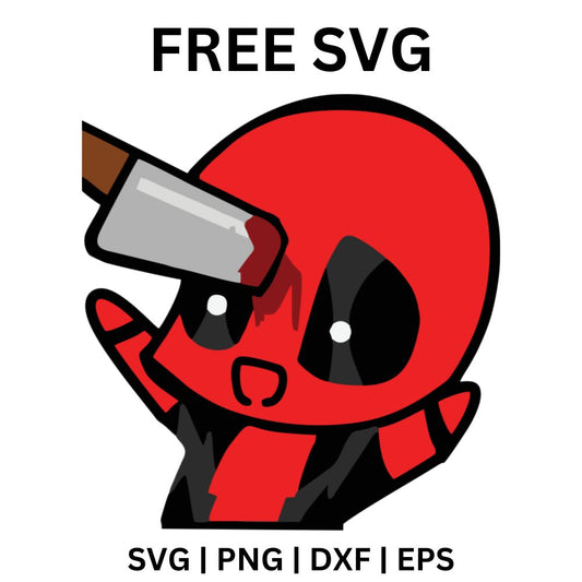Funny chibi red and black masked hero head with a comic cleaver stuck on top and a dazed expression, free chibi hero SVG cut file preview.