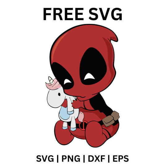 Cute chibi red and black masked hero sitting and hugging a white unicorn plush toy, free chibi hero SVG cut file preview.