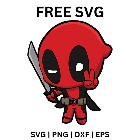 Cute chibi red and black masked hero holding a sword and flashing a peace sign, free chibi hero SVG cut file preview.