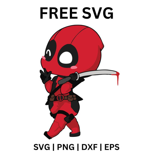 Cute chibi red and black masked hero walking sideways while holding a katana down at his side, free chibi hero SVG cut file preview.