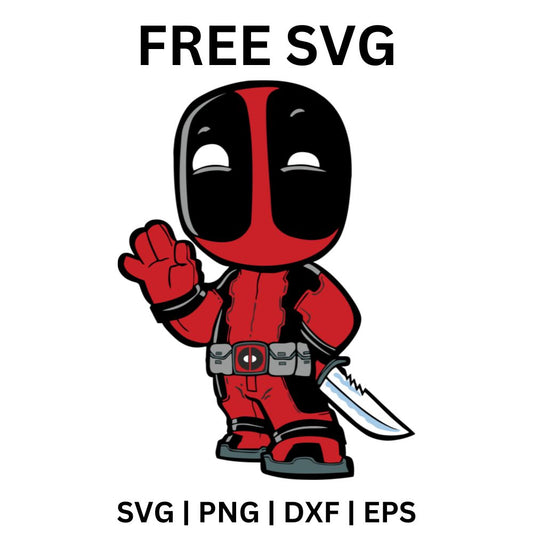 Cute chibi red and black masked hero waving hello while holding a knife, wearing a utility gun belt, free chibi hero SVG cut file preview.