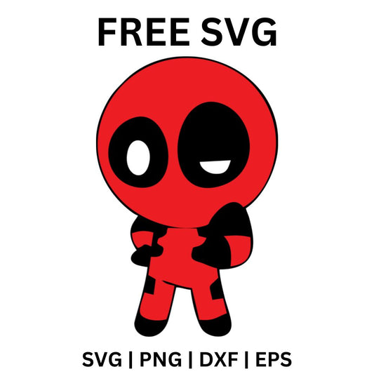 Cute chibi red and black masked hero standing with one eye winking and a playful look, free chibi hero SVG cut file preview.