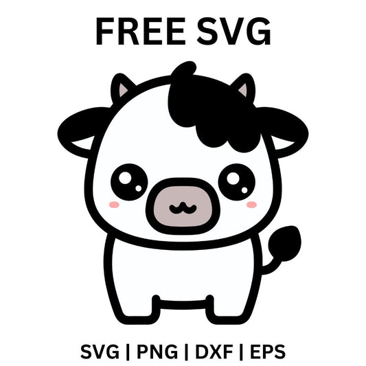 Chibi standing cow with an oversized round head, black ear patch, blushing cheeks and a curled tail, free kawaii cow SVG cut file preview.