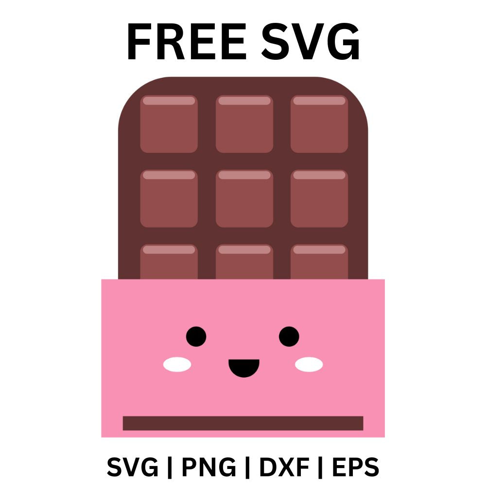 Brown chocolate bar with square segments peeking out of a pink wrapper with a cute smiling face and blush cheeks, free kawaii chocolate SVG cut file preview.