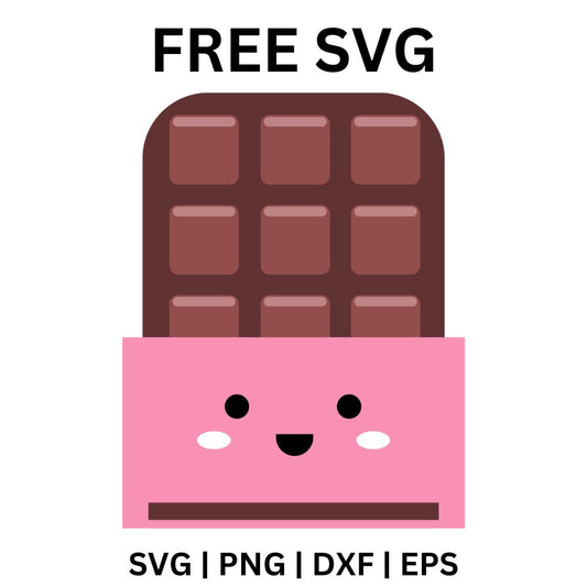 Brown chocolate bar with square segments peeking out of a pink wrapper with a cute smiling face and blush cheeks, free kawaii chocolate SVG cut file preview.