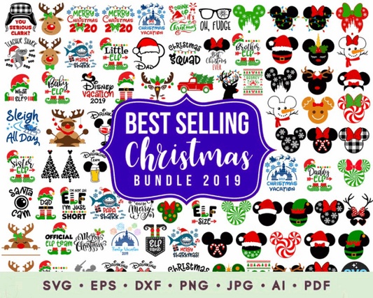 Christmas SVG bundle collage with elves, reindeer, Santa Mickey ears, a red truck and family Christmas shirt designs