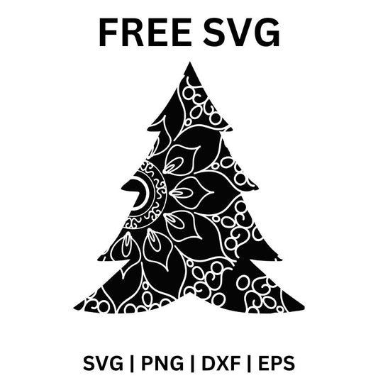 Black Christmas tree silhouette filled with a white half mandala pattern of petals and swirls, free Christmas tree mandala SVG cut file preview.
