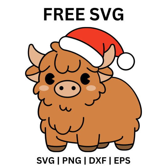 Chubby fluffy brown highland calf wearing a red Santa hat with small horns and a smiling face, free Christmas highland calf SVG cut file preview.