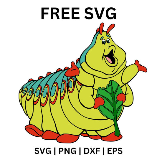 Chubby green cartoon caterpillar with red spots and a yellow belly happily holding a green leaf, free cartoon caterpillar SVG cut file preview.
