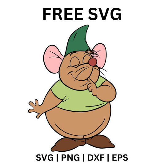 Chubby cartoon mouse in a green pointed cap and green shirt giggling shyly with a hand to his chin, free cute mouse SVG cut file preview.