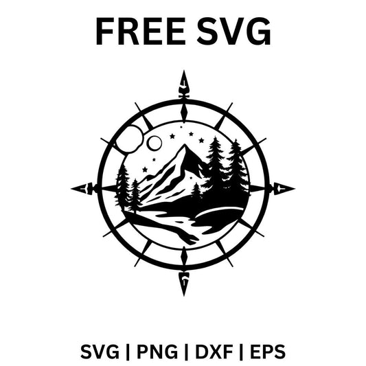 Black circle scene of a mountain peak, pine forest, moon and stars with four arrow compass points around the edge, free mountain compass SVG cut file preview.