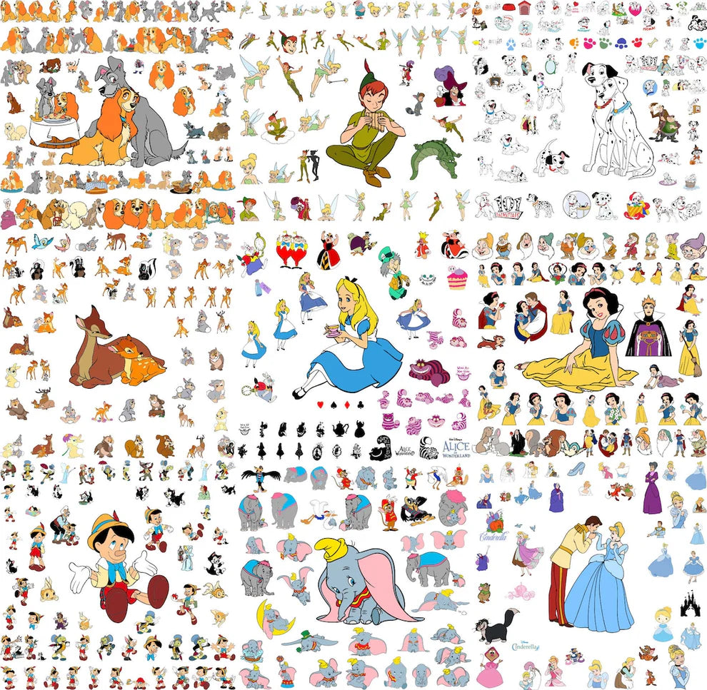Collage of classic animated characters including cartoon dogs, a fawn and rabbit, a flying boy with fairy, a girl in a blue dress, a wooden puppet boy, a baby elephant and fairy tale princesses, free classic cartoon bundle SVG cut file preview.
