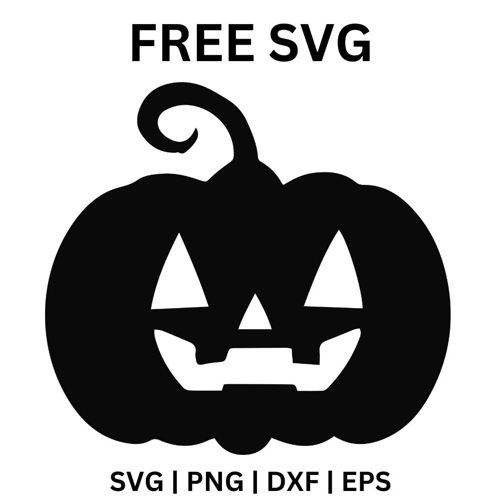 Black classic jack o lantern with a curly stem, two triangle eyes, a triangle nose and a wide grin with square teeth, free Halloween pumpkin face SVG cut file preview.