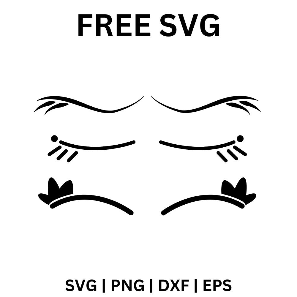 Three pairs of black closed eyelashes in different styles, from thin wispy lashes to bold lids with small bows, free closed eyelashes SVG cut file preview.
