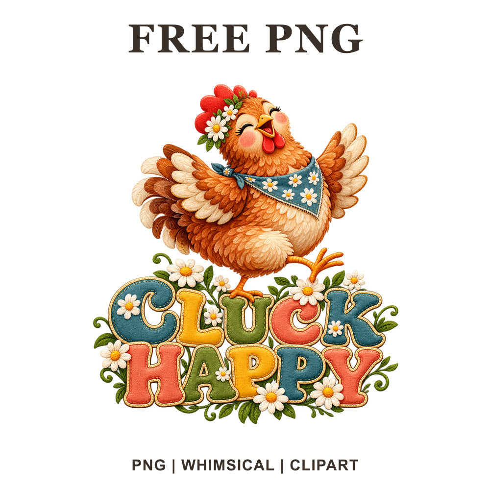 Happy chicken with a red flower crown and blue bandana above colorful Cluck Happy lettering with daisies, free PNG