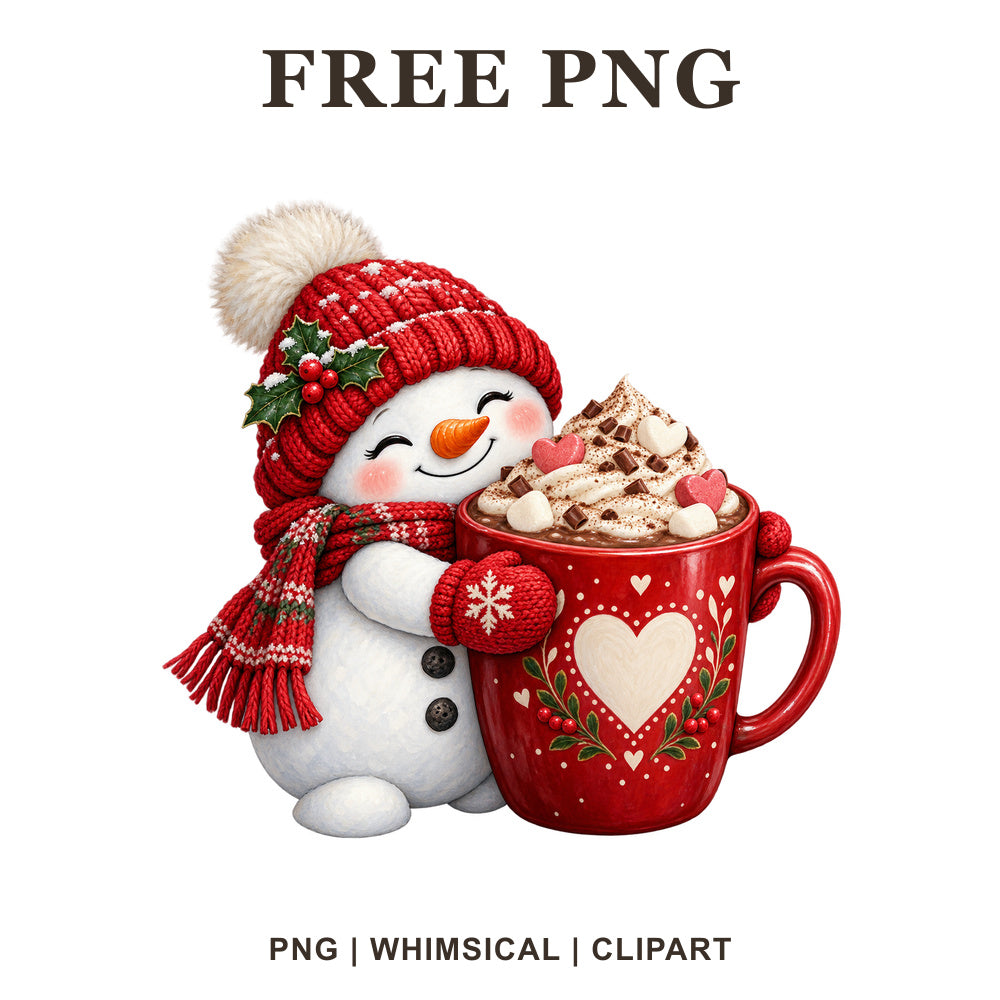 Snowman with a cup of cocoa, whimsical winter PNG clipart.