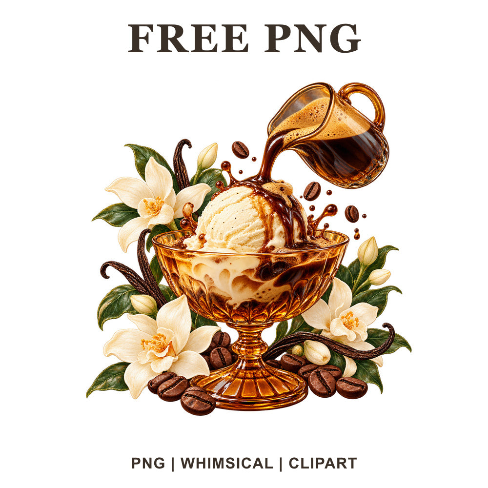 Vanilla ice cream sundae in a gold glass bowl with coffee poured from a pitcher, vanilla flowers and coffee beans, free affogato PNG