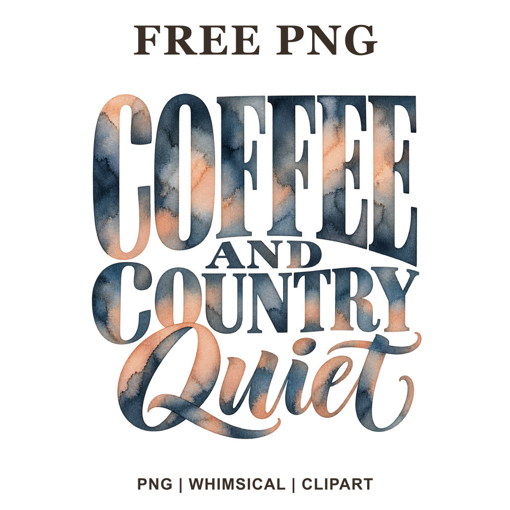 Coffee and Country Quiet tall serif and script lettering in slate blue and peach watercolor, free farmhouse coffee PNG clipart preview.