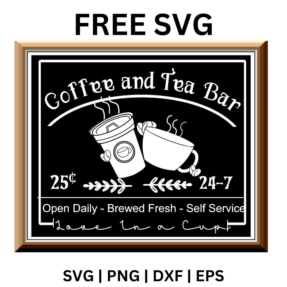 Black chalkboard coffee and tea bar sign with a to-go cup, a teacup and price details inside a wooden frame, free coffee and tea bar sign SVG cut file preview.