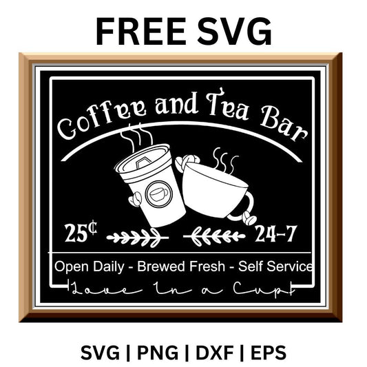 Black chalkboard coffee and tea bar sign with a to-go cup, a teacup and price details inside a wooden frame, free coffee and tea bar sign SVG cut file preview.