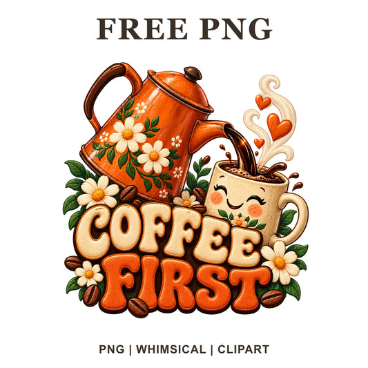 Coffee First retro orange lettering with an orange kettle pouring into a smiling mug, daisies and coffee beans, free coffee PNG
