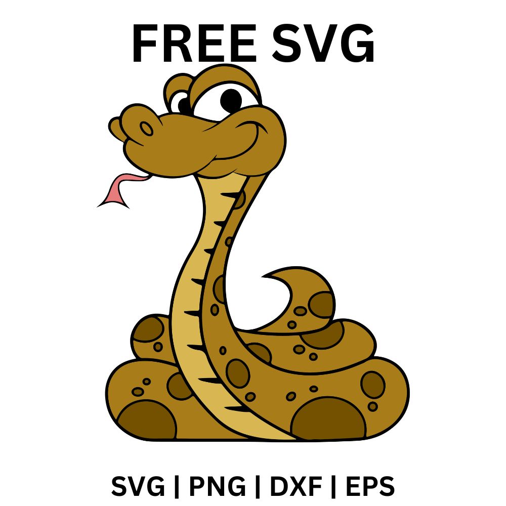 Coiled brown cartoon snake with dark spots, a sly grin and a pink forked tongue sticking out, free cartoon snake SVG cut file preview.