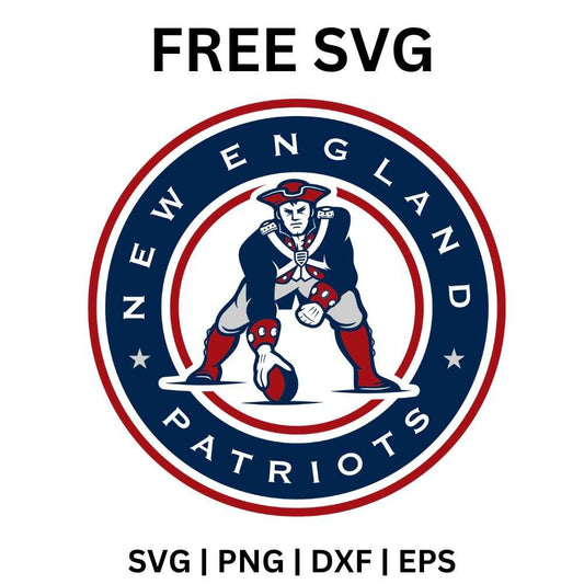 Colonial minuteman football player in a tricorn hat crouching inside a navy and red circle with white lettering, free colonial football mascot SVG cut file preview.
