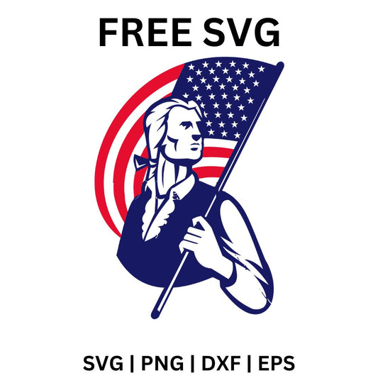 Colonial soldier in a tricorn hat and navy coat holding a large waving American flag over his shoulder, free colonial flag soldier SVG cut file preview.
