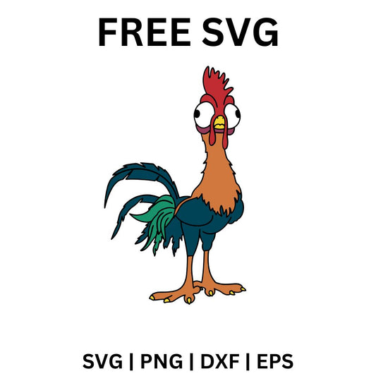 Colorful cartoon rooster with a red comb, orange neck and teal green tail feathers standing with wide goofy eyes, free silly rooster SVG cut file preview.