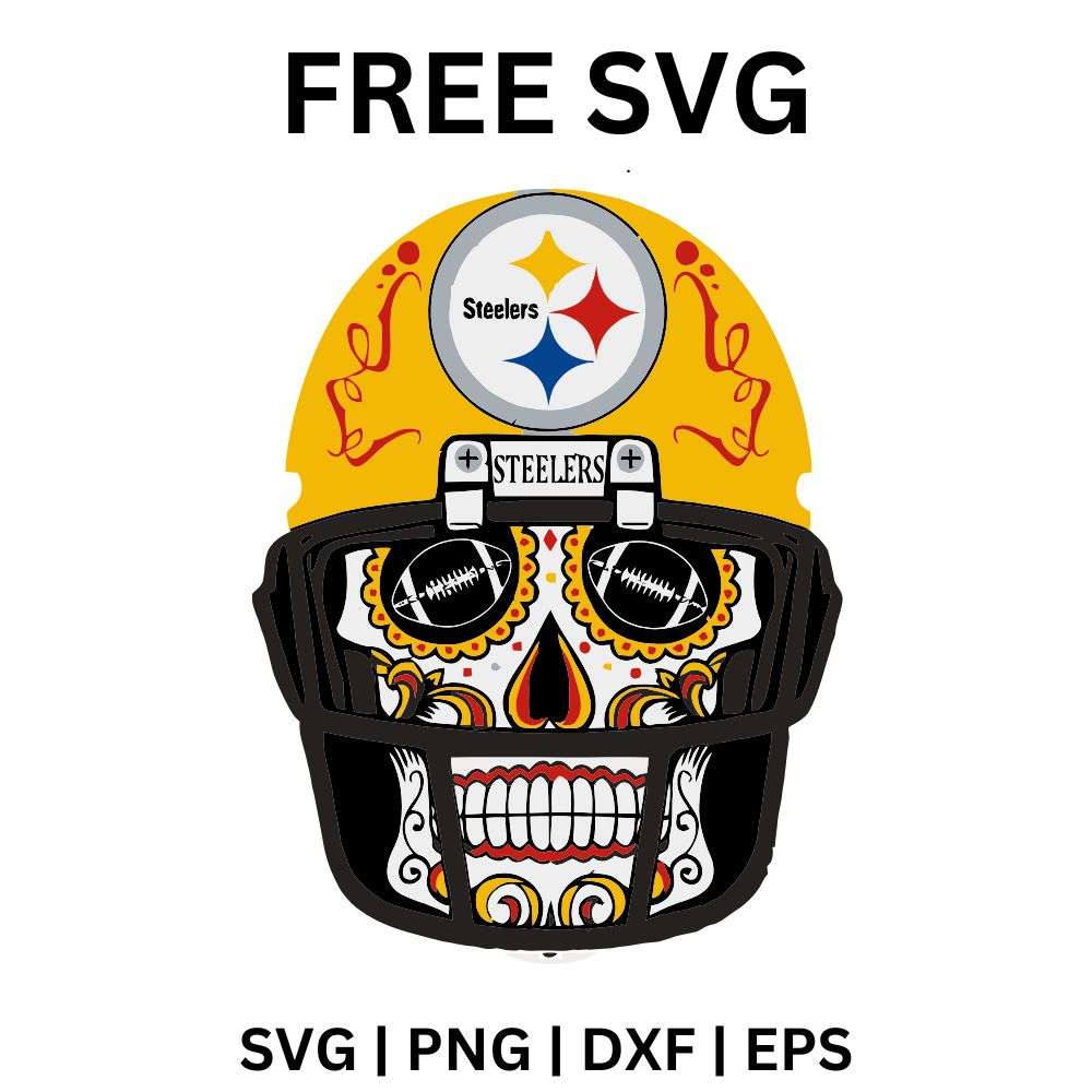 Colorful patterned sugar skull wearing a black football helmet with a starburst circle emblem over a yellow ring, free sugar skull football helmet SVG cut file preview.