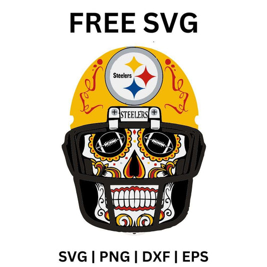 Colorful patterned sugar skull wearing a black football helmet with a starburst circle emblem over a yellow ring, free sugar skull football helmet SVG cut file preview.