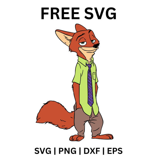 Cool cartoon red fox in a green shirt and striped tie standing relaxed with hands in his pockets and a sly smile, free cartoon fox SVG cut file preview.