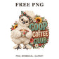 White hen in round glasses and a floral headband holding a coffee cup beside Coop Coffee Club lettering, free PNG