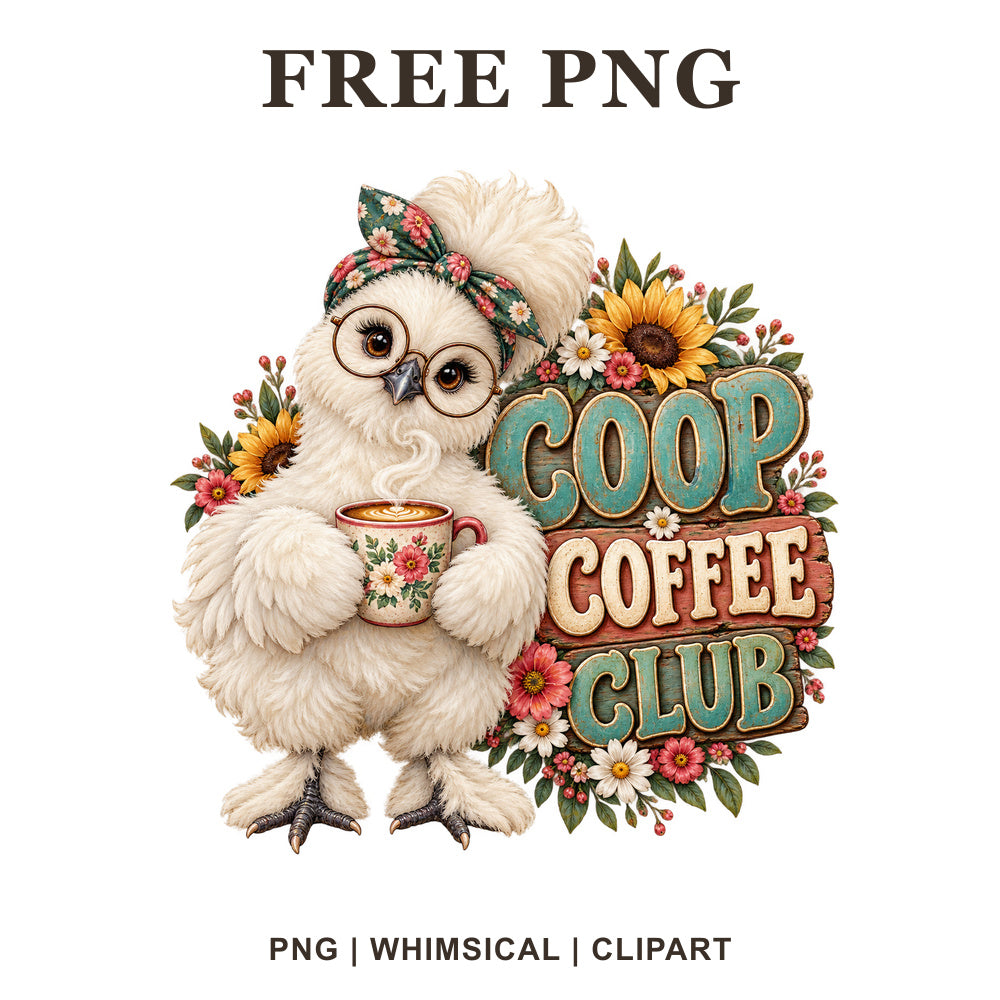 White hen in round glasses and a floral headband holding a coffee cup beside Coop Coffee Club lettering, free PNG