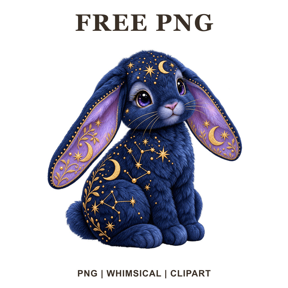 Navy blue celestial bunny with purple ears decorated with gold crescent moons, stars and constellations, free cosmic bunny PNG