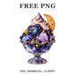 Galaxy ice cream sundae in a pedestal bowl with purple and blue swirls, gold stars and a crescent moon, free PNG
